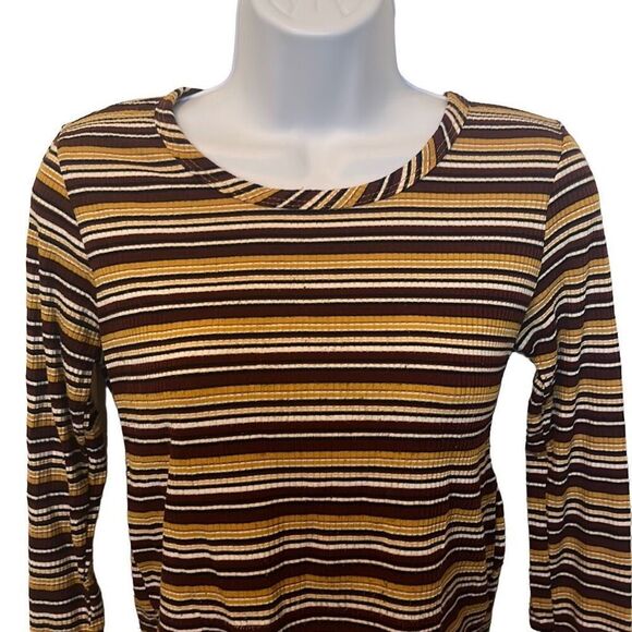 Pinc Y2K Brown Yellow Stripe Long Sleeve Crewneck Ribbed Crop Top Large Grunge - Picture 3 of 6